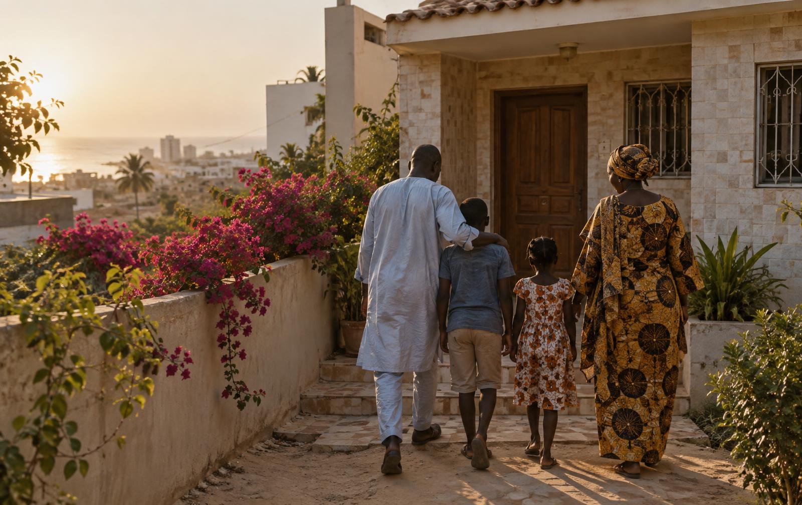 Famille sénégalaise marchant vers l'entrée de sa maison